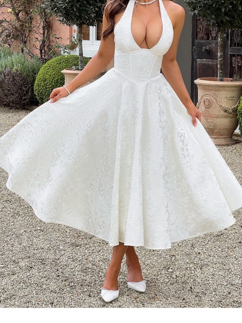 Elegant White Halter Jacquard Midi Dress